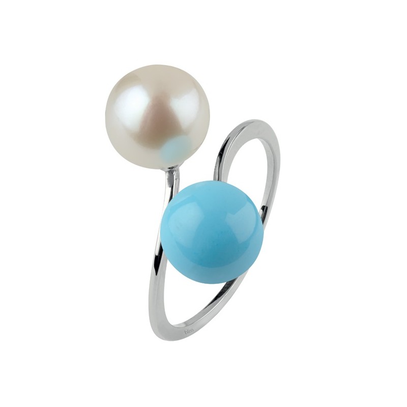 Anello Bliss Oro18kt pasta di Turchese, Perla. SAYA SHOP ONLINE OUTLET