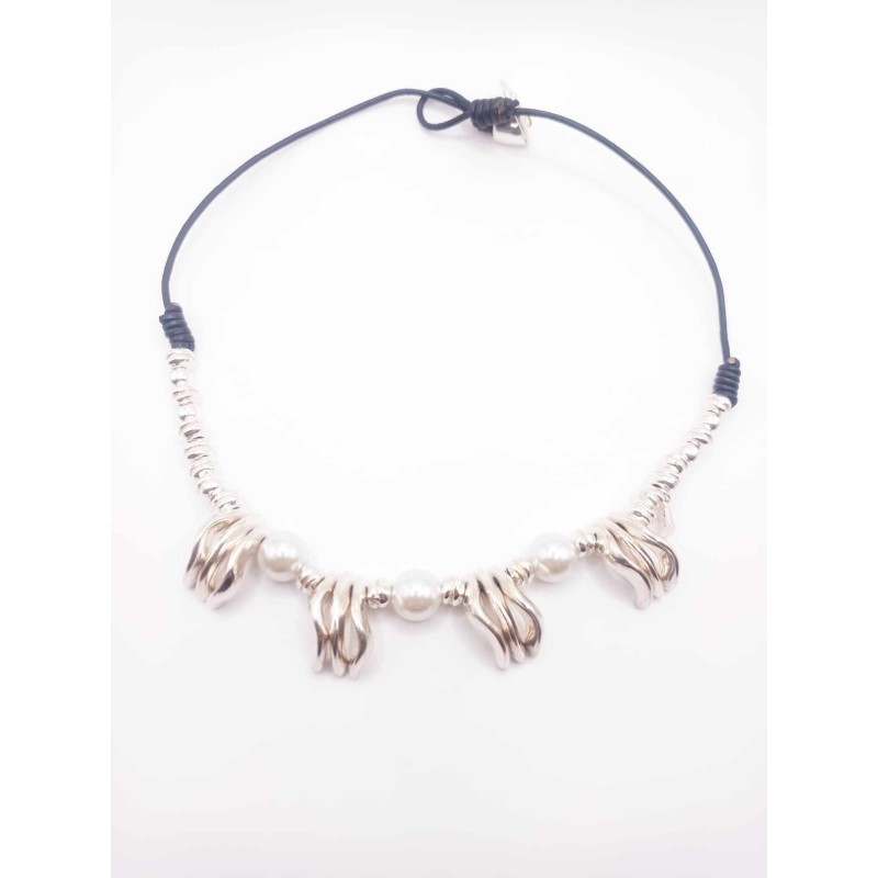Collana pelle, argento e perle - SAYA SHOP ONLINE OUTLET